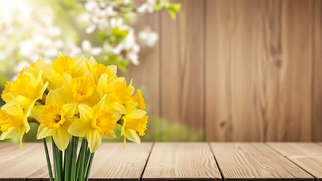 Bright yellow daffodils on a wooden table outdoors in springtime with blurred background
