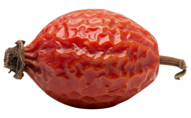 Single dried red rose hip fruit ingredient for herbal tea on a transparent background