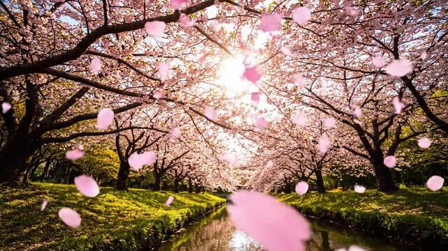 Flowering Branch Medium shot of a cherry blossom branch, heavily laden with vibrant pink and white flowers, gently swaying in a light spring breeze. The backgro