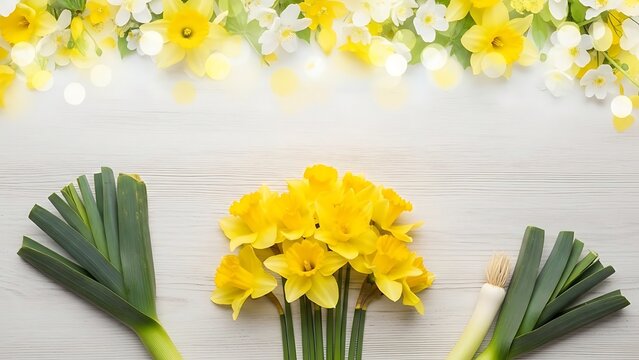 Fresh yellow daffodils with green leaves on white wooden background  spring flowers