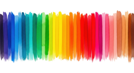 Vertical watercolor brush strokes with translucent fluid texture in a broad gradient from purples to browns, meticulously arranged horizontally on a pristine stark white background with copy space,