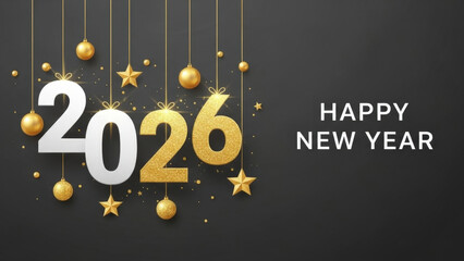 Happy new year 2026 elegant white and gold numbers with festive hanging ornaments and stars on dark background