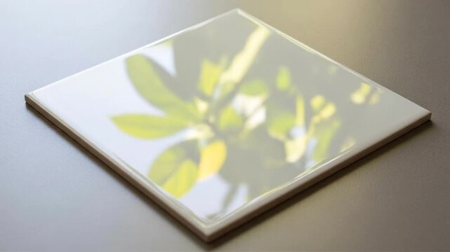 Close-up of a square coaster with a blurred image of green leaves and sunlight.