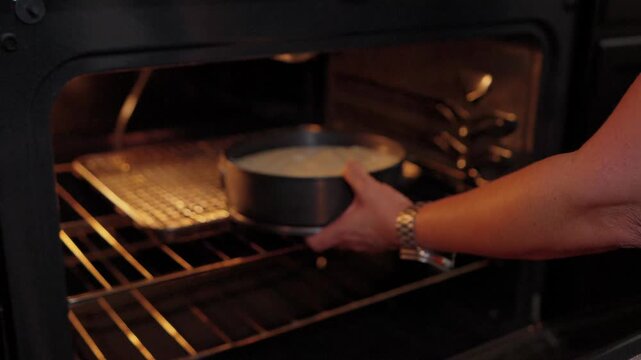 person placing unbaked cheesecake in springform pan into a preheated oven