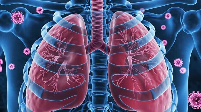 Medical illustration of human lungs and viruses for health awareness