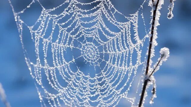 Frosted Surface Wide shot or medium shot of ice crystals coating a natural surface like a tree branch, leaf, or spiderweb in a serene winter environment. winter
