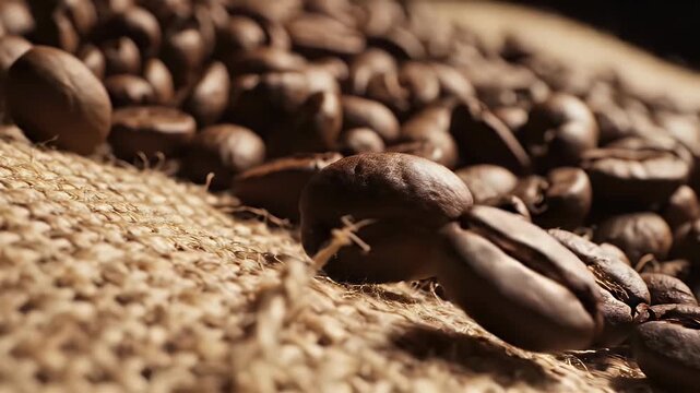 Close up of roasted coffee beans on burlap texture