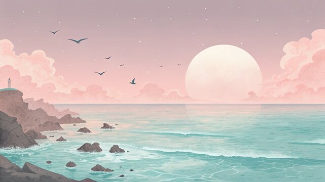 Serene coastal landscape with lighthouse, birds flying over turquoise waves at sunset - Powered by Adobe
