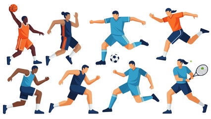 A diverse group of athletes engaging in various sports activities such as running, cycling, swimming, basketball, and soccer, conveying a sense of energy, motivation, and healthy living. © Andreas