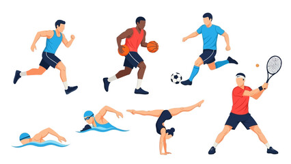 A diverse group of athletes engaging in various sports activities such as running, cycling, swimming, basketball, and soccer, conveying a sense of energy, motivation, and healthy living. © Andreas
