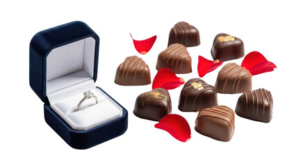 Diamond Engagement Ring in Blue Velvet Box with Heart Chocolates and Red Rose Petals isolated PNG with Transparent Background