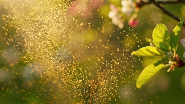 Golden Hour Haze Atmospheric wide shots of pollen-laden air, beautifully diffused and illuminated by soft, golden hour sunlight. spring pollen drift