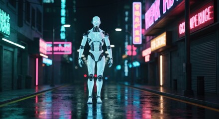 Fototapeta premium Robot figure stands in a neon-lit, wet cyberpunk street