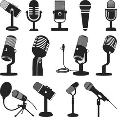 Microphone Icons signs Silhouette. Music symbol. Mic icon symbols Vector isolated.
