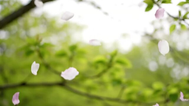 Forest Floor Petal Vortex A small, enchanting swirl of mixed spring flower petals (e.g., dogwood, magnolia) dancing on a mossy forest path, illuminated by