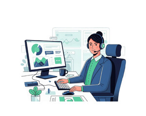 Fototapeta premium Customer support woman with headset analyzing data on computer. Vector illustration of call center agent, technical help, office administration, business statistics, and remote work.