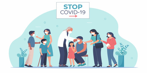 Covid 19 vaccination process with doctor checking patients promoting health and safety