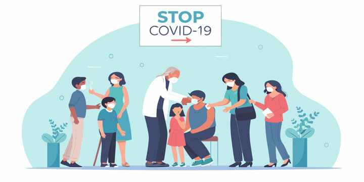 Covid 19 vaccination process with doctor checking patients promoting health and safety - Powered by Adobe