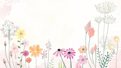 Watercolor Pastel Floral Border Background with Delicate Blossom and Greenery
