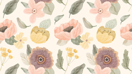 Soft Watercolor Floral Seamless Pattern with Pastel Color Flower and Leaf
