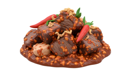 3D Claymation Style Spicy Stew: Beef Chunks with Peanut Satay Sauce and Red Chili Peppers Isolated on Black