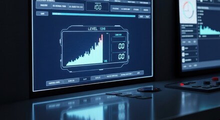 Screen displays graphs and data in futuristic control room