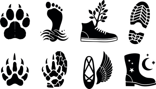 Animal and human footprints with shoe prints and winged shoe vector icons in black silhouette style