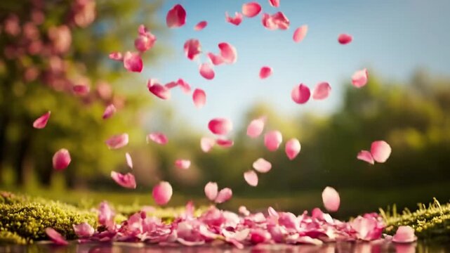 Environmental Petal Swirl Capture the petals swirling within a broader spring landscape, perhaps against a backdrop of lush green foliage, a clear blue sky, or