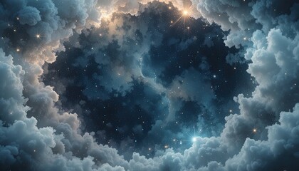 Dramatic starry night sky with glowing clouds and celestial beauty