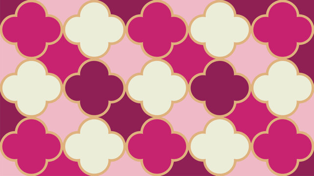 A seamless pattern features Moroccan quatrefoil shapes in various shades of pink, red, and cream