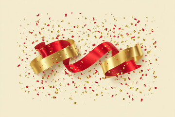 festive red and gold ribbon with confetti celebration