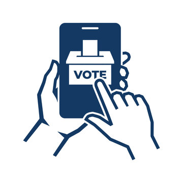A hand tapping a smartphone displaying a ballot box with the word vote representing digital voting