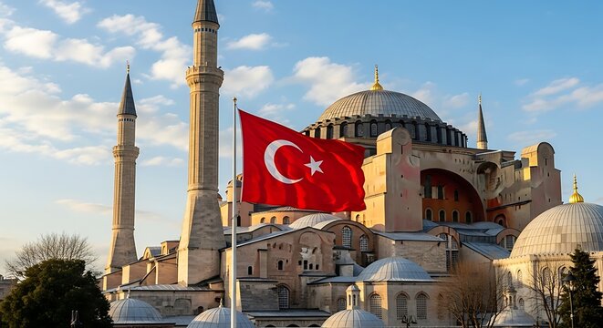 Iconic Hagia Sophia Mosque in Istanbul with Turkish Flag Flying High.