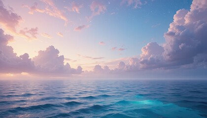 Naklejka premium Serene ocean landscape at sunset with fluffy clouds and calm waves