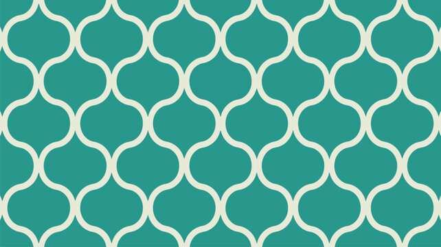 A repeating geometric ogee pattern features cream shapes on a vibrant teal colored surface