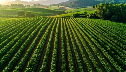 Aerial view of a lush green farm with rows extending towards the horizon
