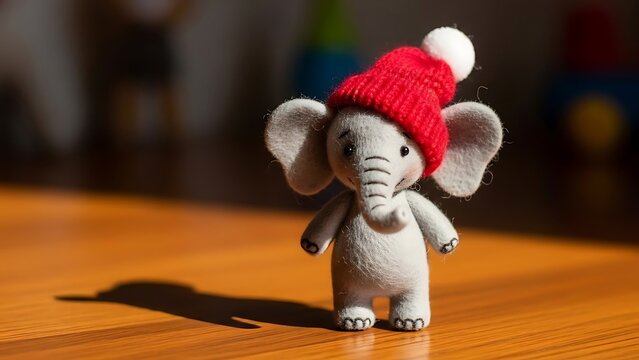 Small elephant toy wearing red hat.