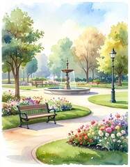 ルノルマンカード「庭」交流を象徴する噴水のある公園の水彩画 / Lenormand Card &ldquo;Garden&rdquo;, Watercolor Park with Fountain