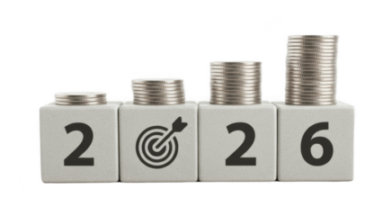 2026 financial goals and savings concept with wooden cubes and rising coin stacks, illustrating investment growth, wealth building, budgeting, future planning and smart money management for the new ye