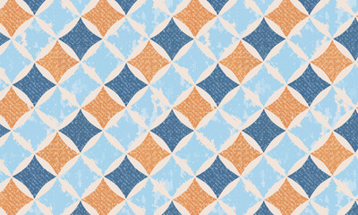 Seamless retro argyle pattern, Grunge textured blue and orange diamond background, Vintage harlequin textile design