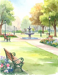 ルノルマンカード「庭」交流を象徴する噴水のある公園の水彩画 / Lenormand Card &ldquo;Garden&rdquo;, Watercolor Park with Fountain