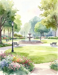 ルノルマンカード「庭」交流を象徴する噴水のある公園の水彩画 / Lenormand Card &ldquo;Garden&rdquo;, Watercolor Park with Fountain