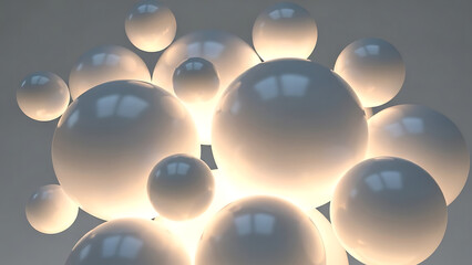 Abstract arrangement of white spheres with soft glowing light