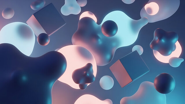 Abstract 3D shapes and liquid blobs with neon glow, fluid movement, futuristic background - Powered by Adobe