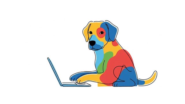Colorful Dog Working on Laptop - Creative Illustration of a Pet Using Technology.