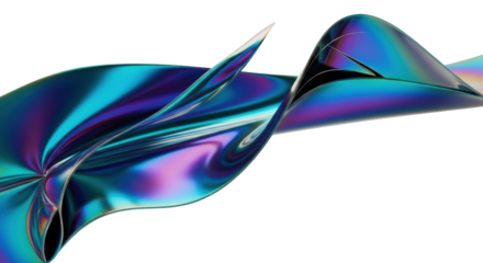 A dynamic, iridescent strip of advanced liquid metal material, reflecting deep blue, teal, and purple hues, fluidly peeling into abstract shapes against a transparent studio background with copy