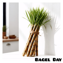 Fresh Sugarcane Bundle with Green Leaves and Bagel Day Text on White Minimalist Background