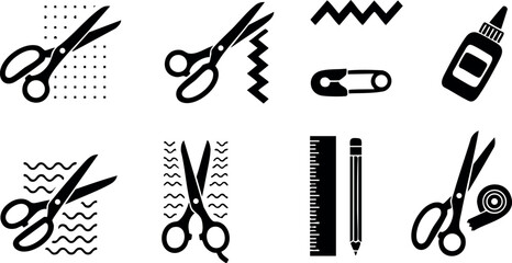 Obraz premium Scissors and office stationery vector icons with glue bottle and ruler in black and white design