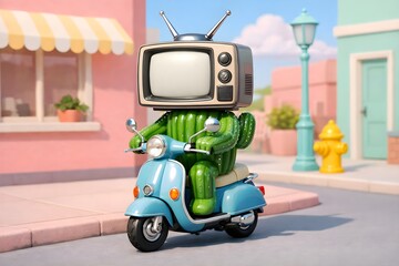 Ceramic Cactus on Mini Scooter with Vintage TV Head