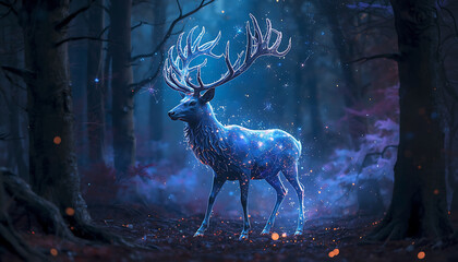Magical glowing stag standing in dark fantasy forest at night